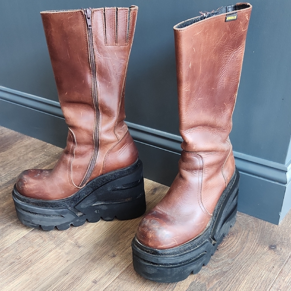 VTG RARE Sonax 90s Chunky Platform Brown Leather Boots W10/EU41